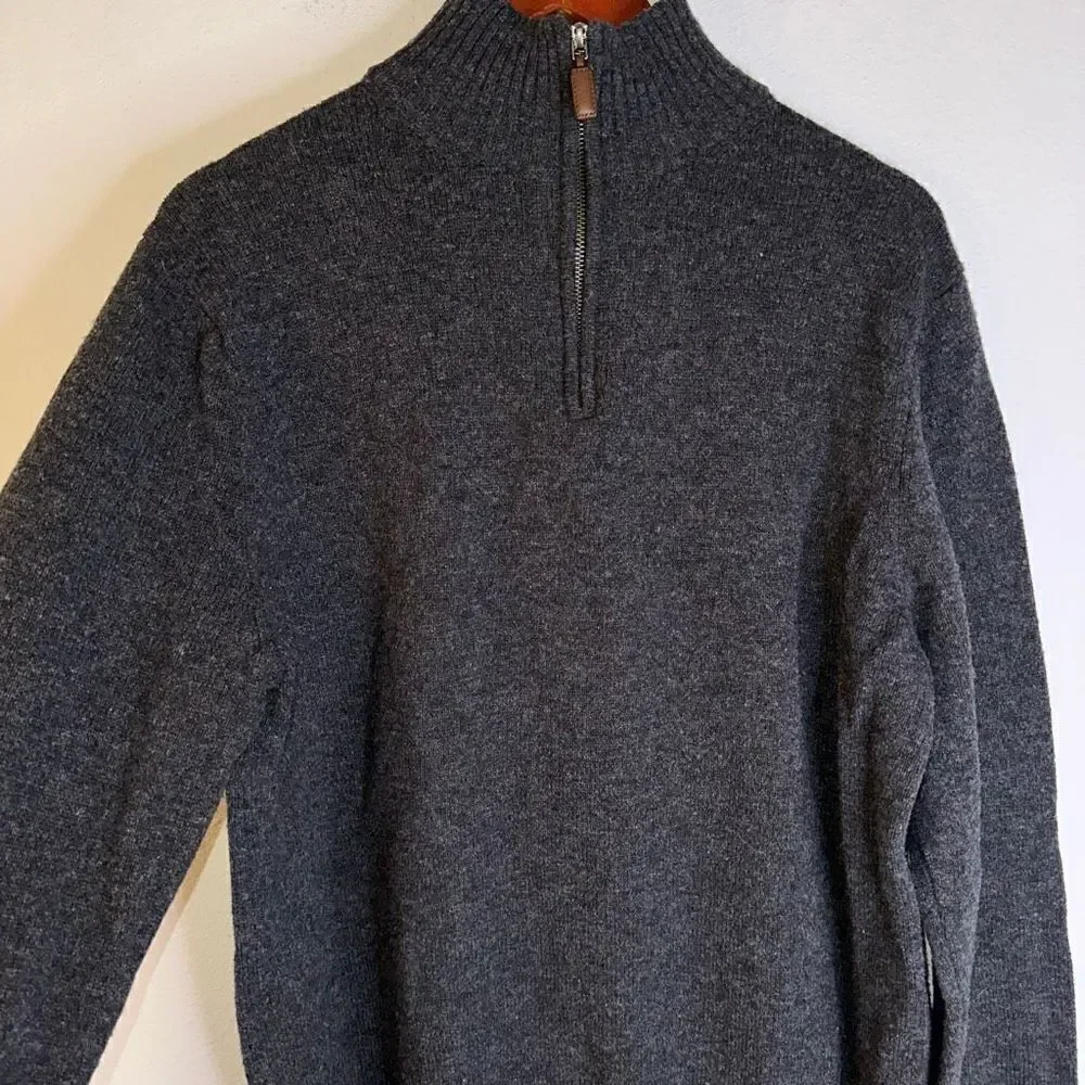 J. Crew Mens 100% Lambswool‎ Charcoal 1/4th Zip Ribbed Trim Pullover Sweater